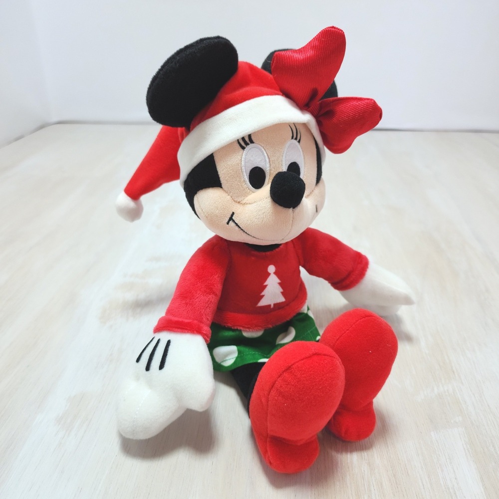 Disney Minnie Mouse Christmas Plush Santa Hat Red Sweater Green Polka Dot Skirt